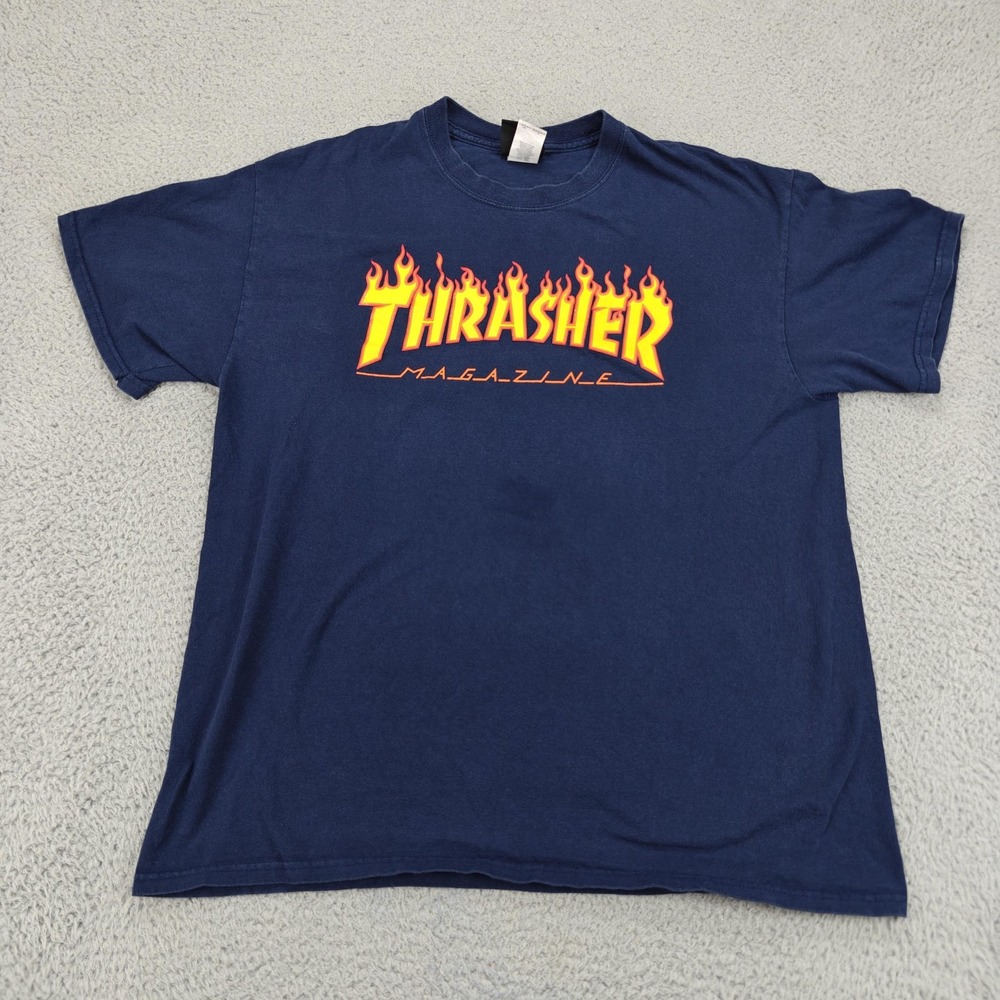 Thrasher Magazine Shirt Mens Large Navy Blue Flame Logo Skate Streetwear Cotton‎
